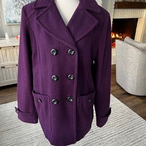 Purple Double-Breasted Wool Blend Peacoat, Size Large Tall